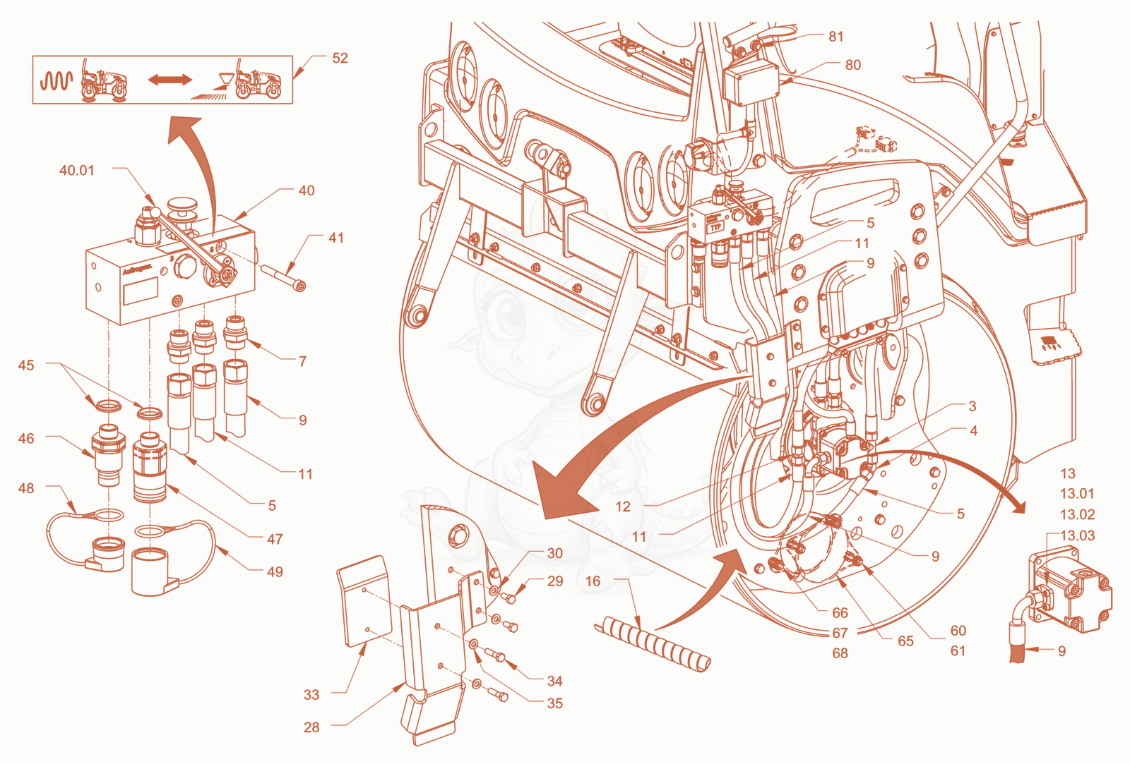 Exploded parts diagram of the cylinder spreader of a Wacker Neuson RD45-140C, with numbered balloons