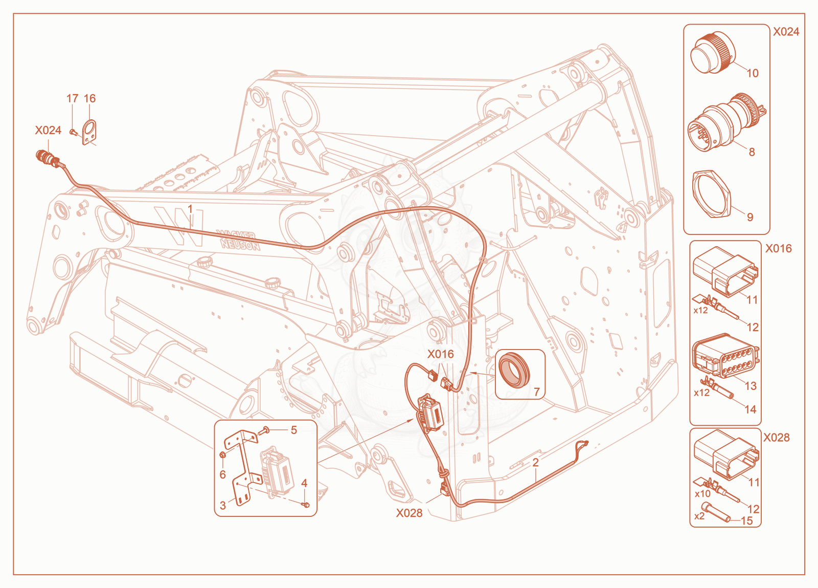 Exploded parts diagram of the Wiring Harness 14 Pin Kit of a Wacker Neuson ST45, with numbered balloons