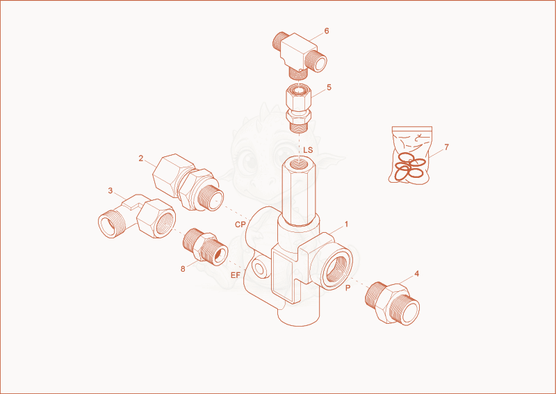 Despiece del priority valve de una máquina Wacker Neuson 6503-2, con globos numerados