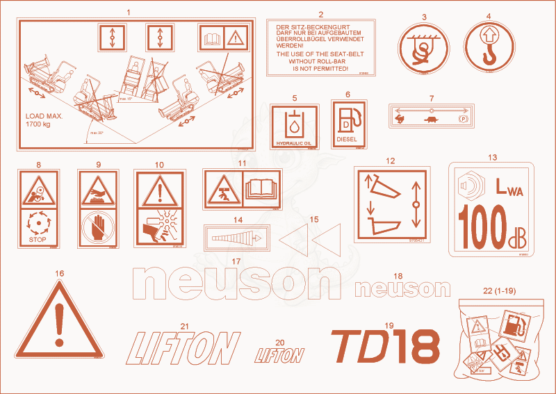 Exploded parts diagram of the STICKER of a Wacker Neuson TD18, with numbered balloons