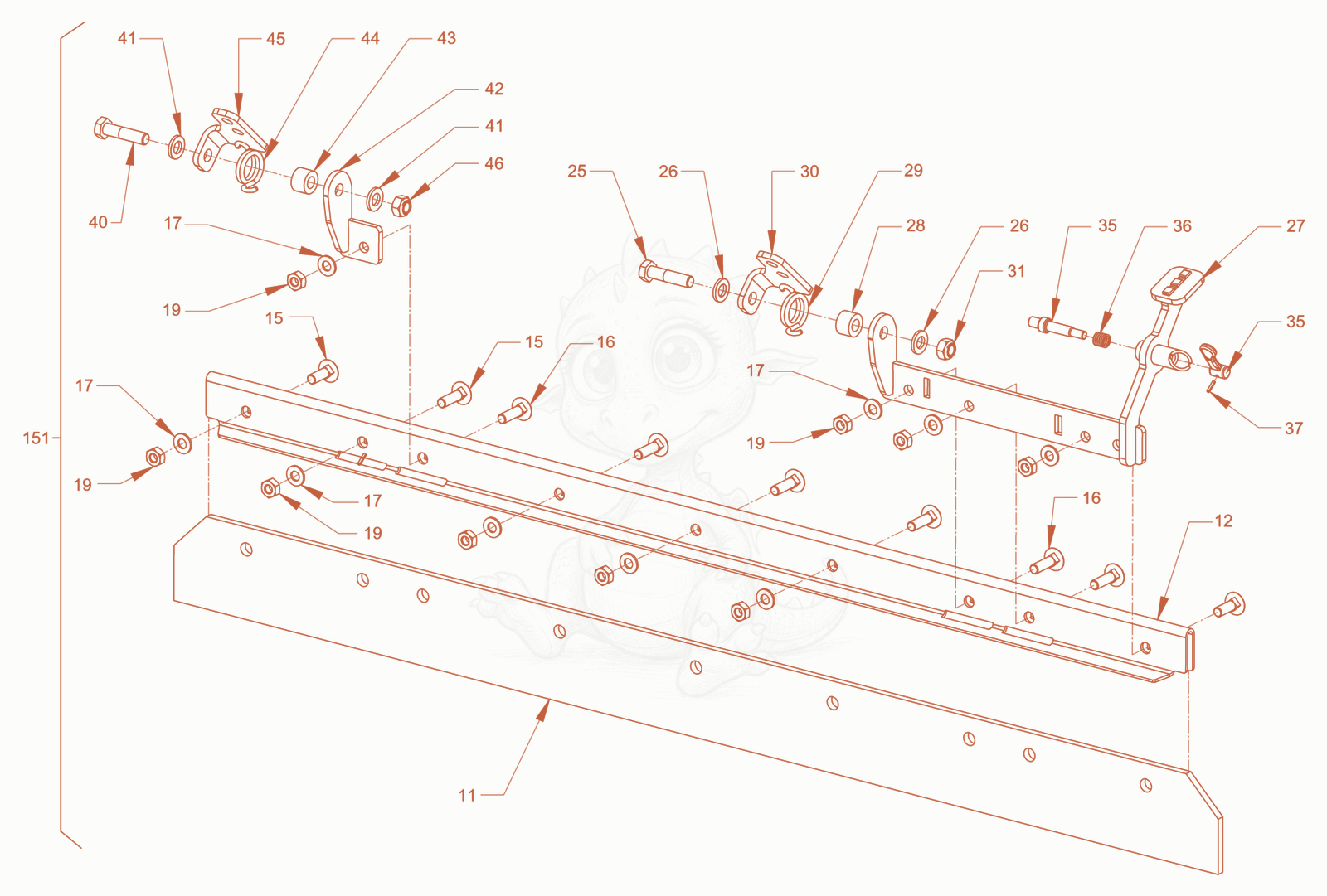 Exploded parts diagram of the foldable scraper of a Wacker Neuson RD40-130CDPF, with numbered balloons
