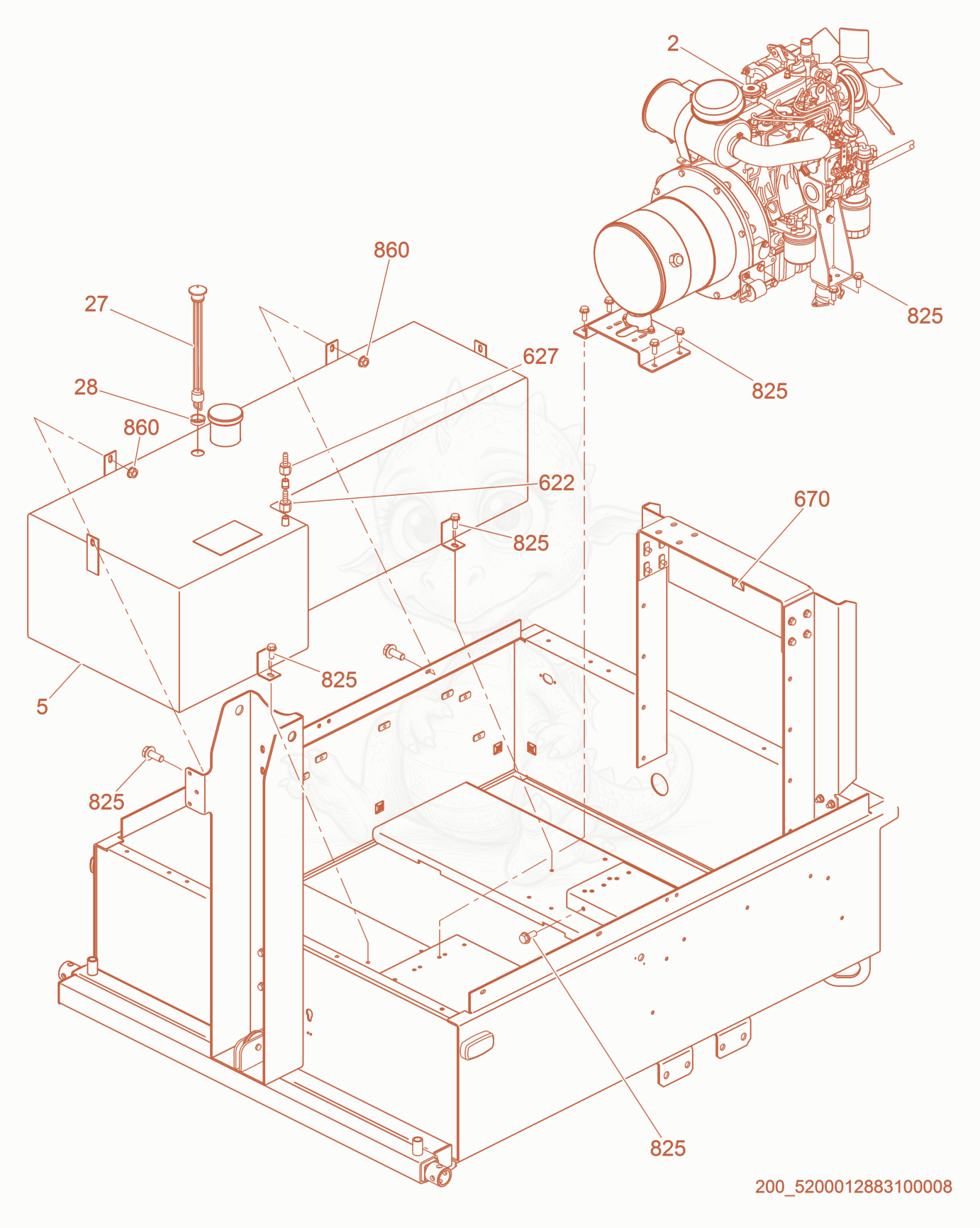 Exploded parts diagram of the Fuel Tank/Engine of a Wacker Neuson LTW6K-VS, with numbered balloons