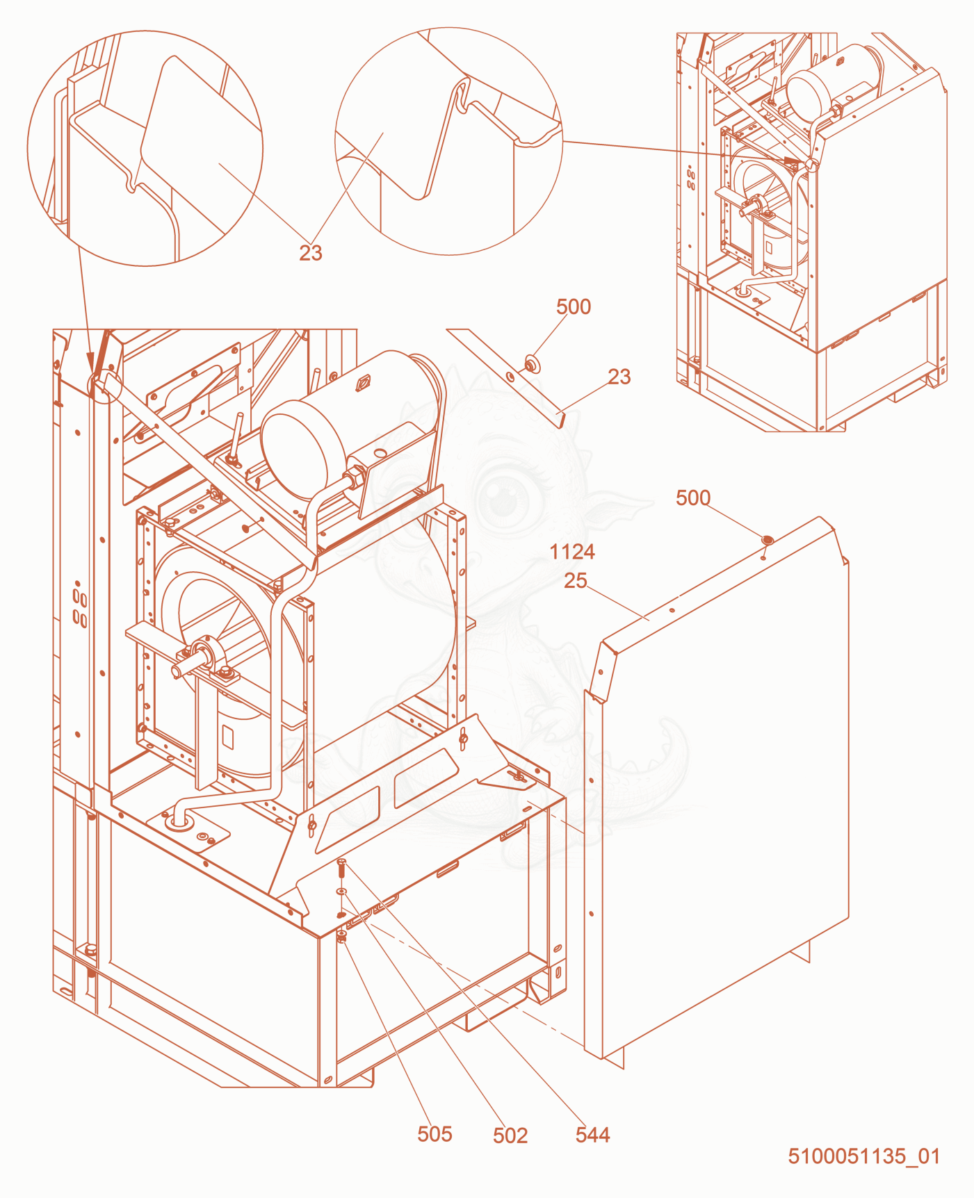 Despiece del Blower housing de una máquina Wacker Neuson HI1000DGM, con globos numerados