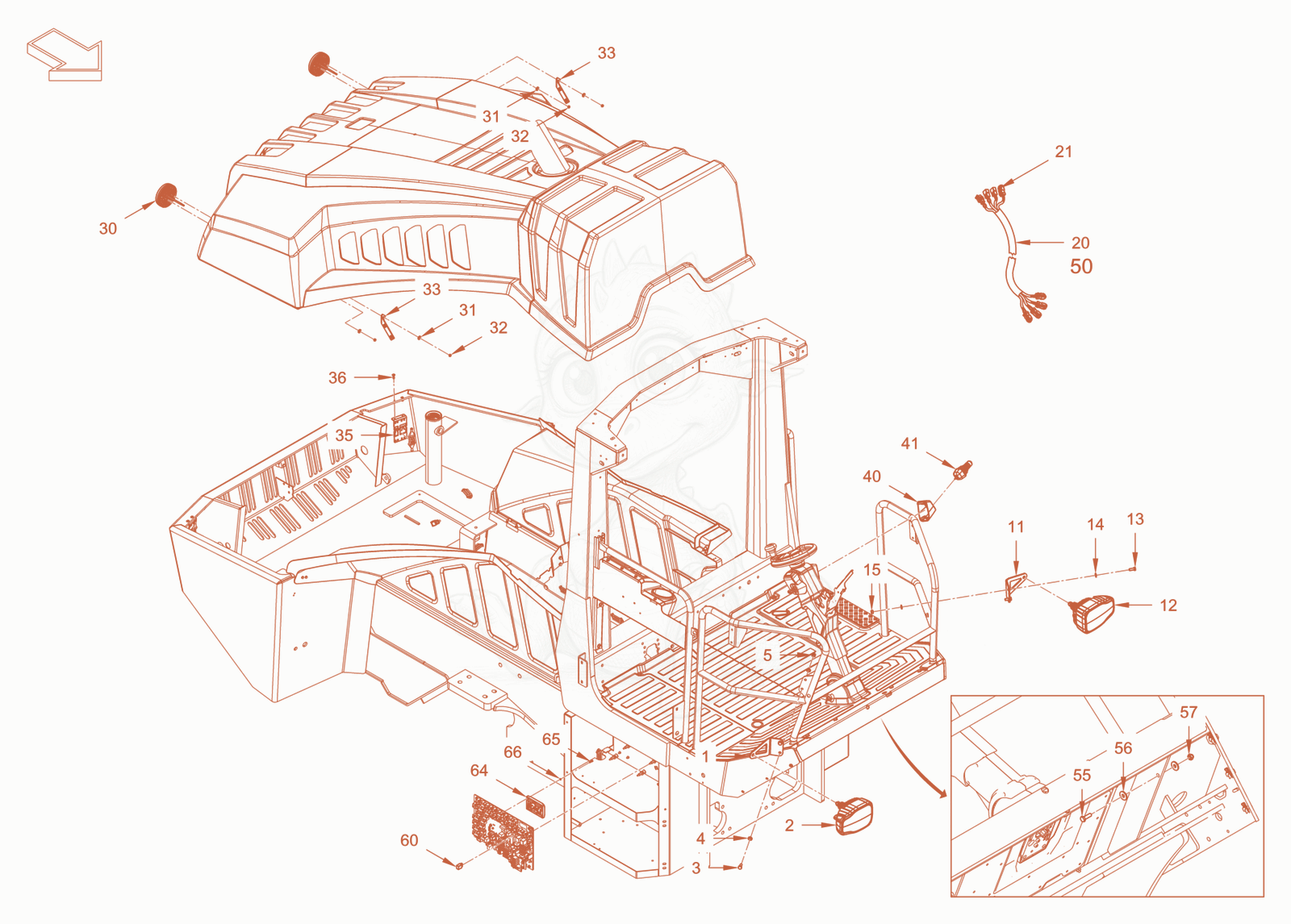 Exploded parts diagram of the lighting of a Wacker Neuson RC110CAB, with numbered balloons
