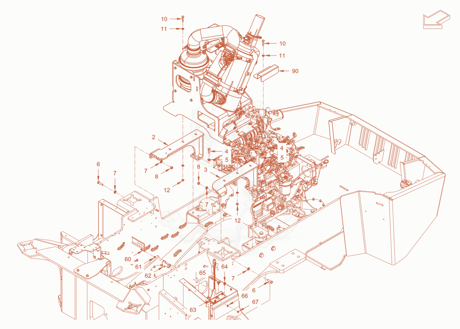 Exploded parts diagram of the exhaust aftertreatment of a Wacker Neuson RC110CAB, with numbered balloons