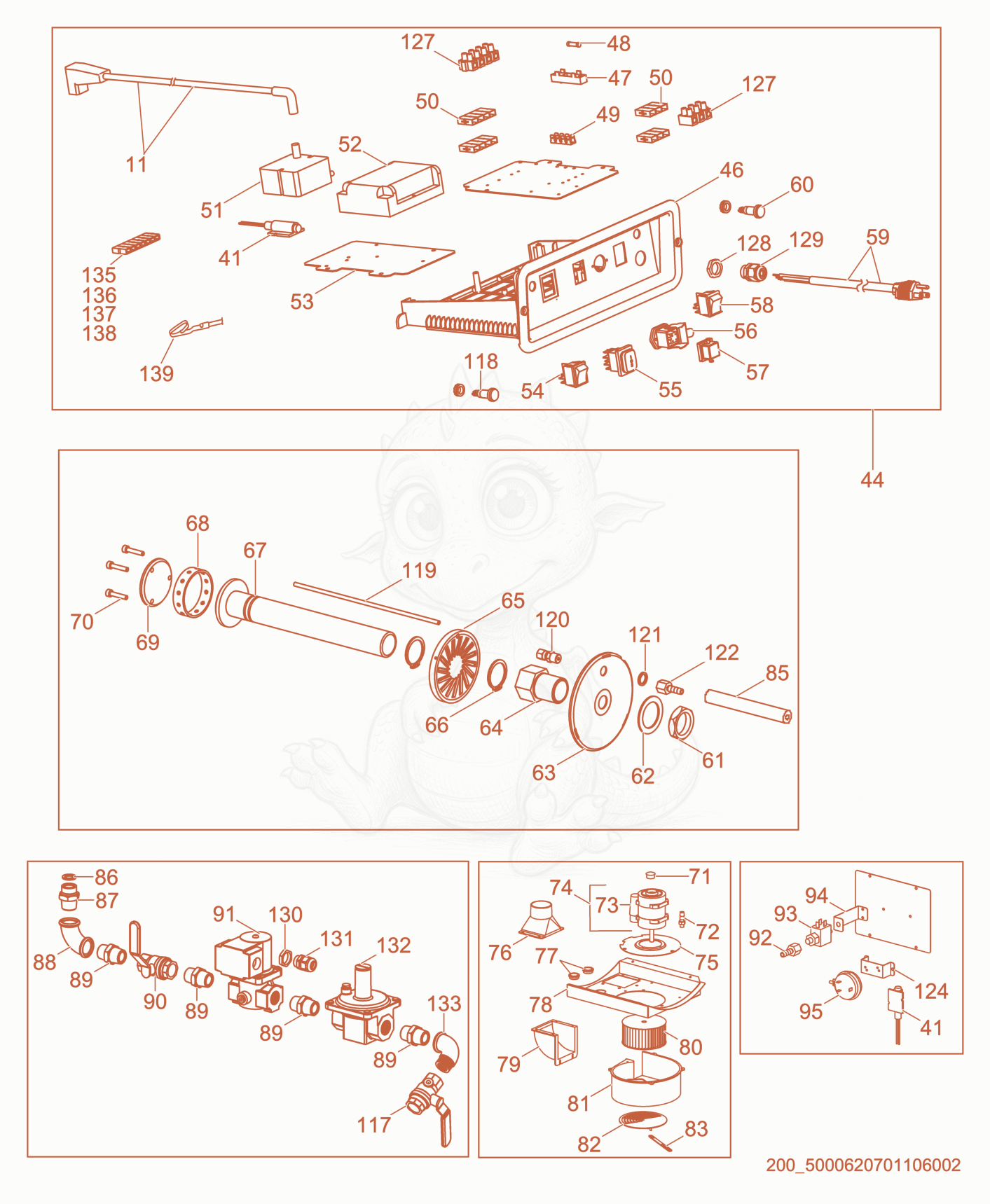 Exploded parts diagram of the Fuel Pump/Control Panel/Burner of a Wacker Neuson HI400HDG, with numbered balloons