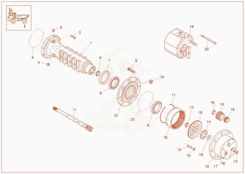 Despiece del AXLE de una máquina Wacker Neuson 5001, con globos numerados