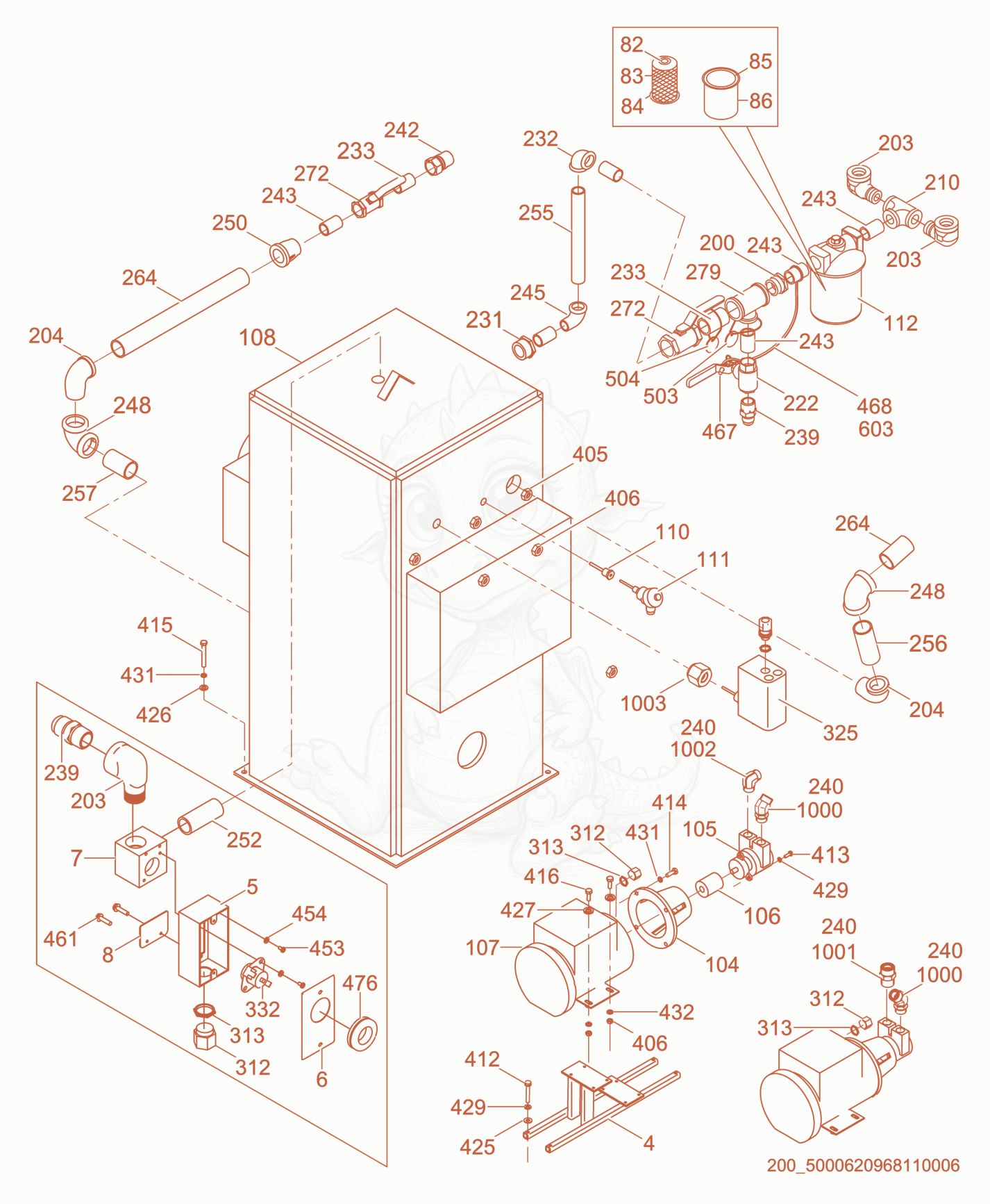 Exploded parts diagram of the Hydronic Piping cpl. of a Wacker Neuson E3000ES, with numbered balloons