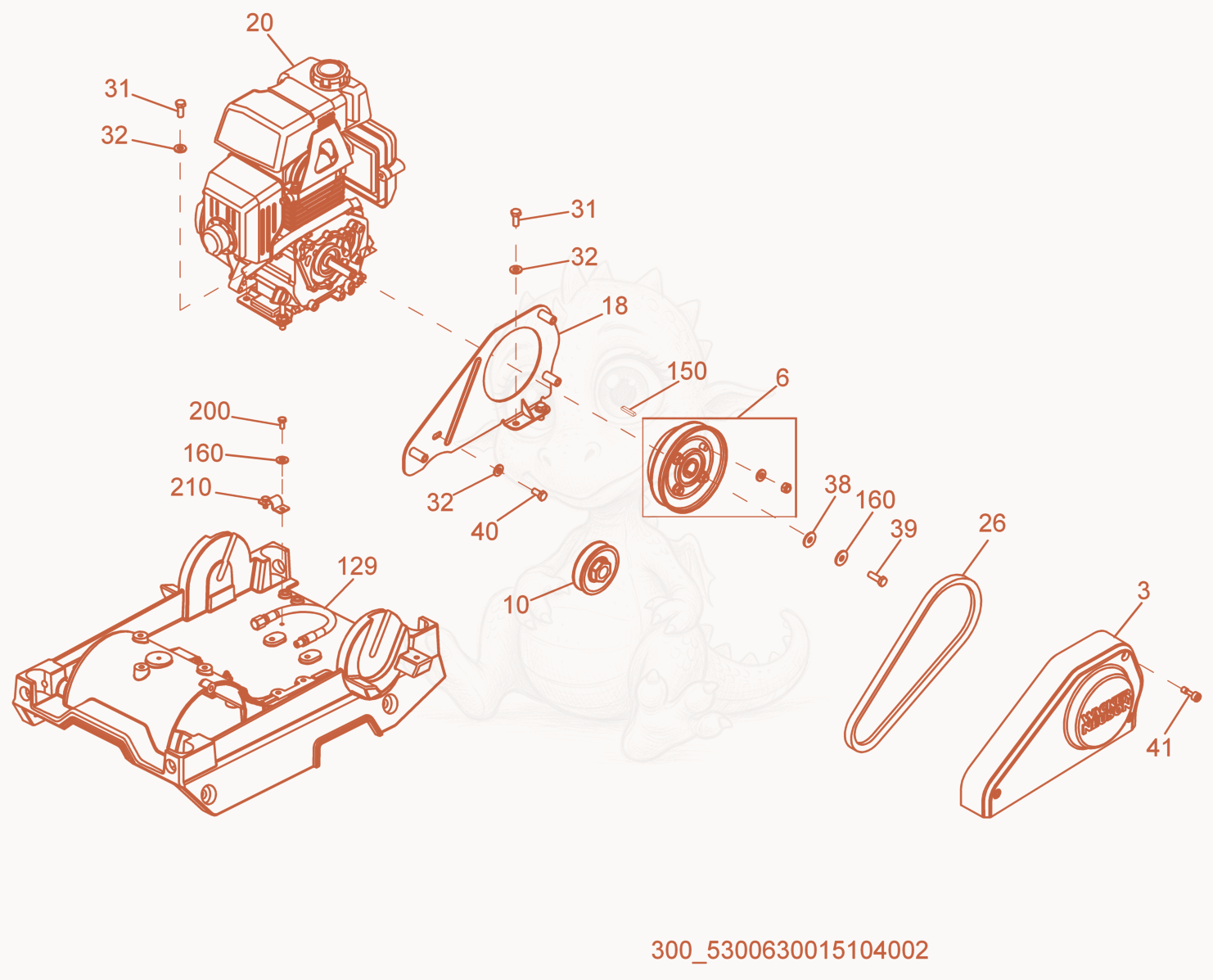 Despiece del Beltguard/Clutch de una máquina Wacker Neuson WP1030AW, con globos numerados