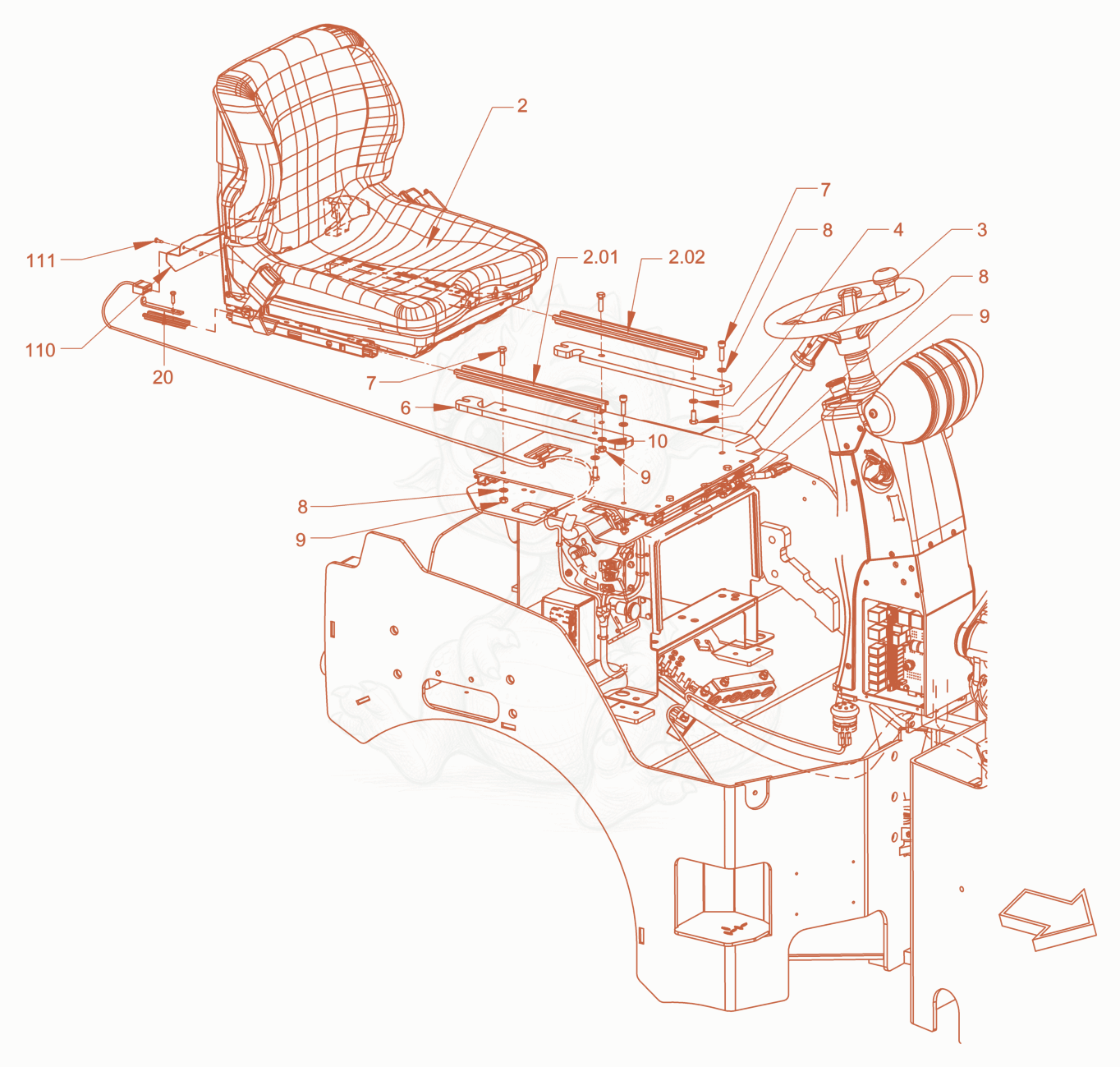 Exploded parts diagram of the operator's seat with adjustmen of a Wacker Neuson RD40-130CDPF, with numbered balloons