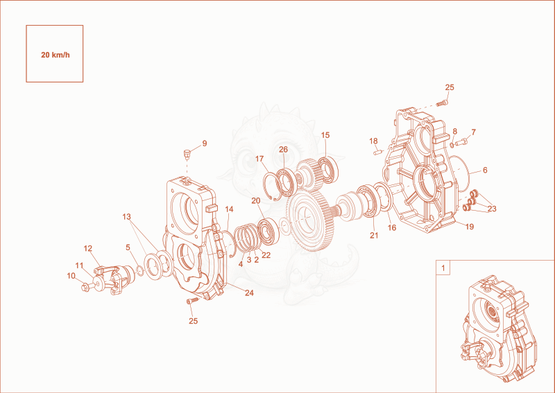 Exploded parts diagram of the distributor gear-box of a Wacker Neuson EW65, with numbered balloons