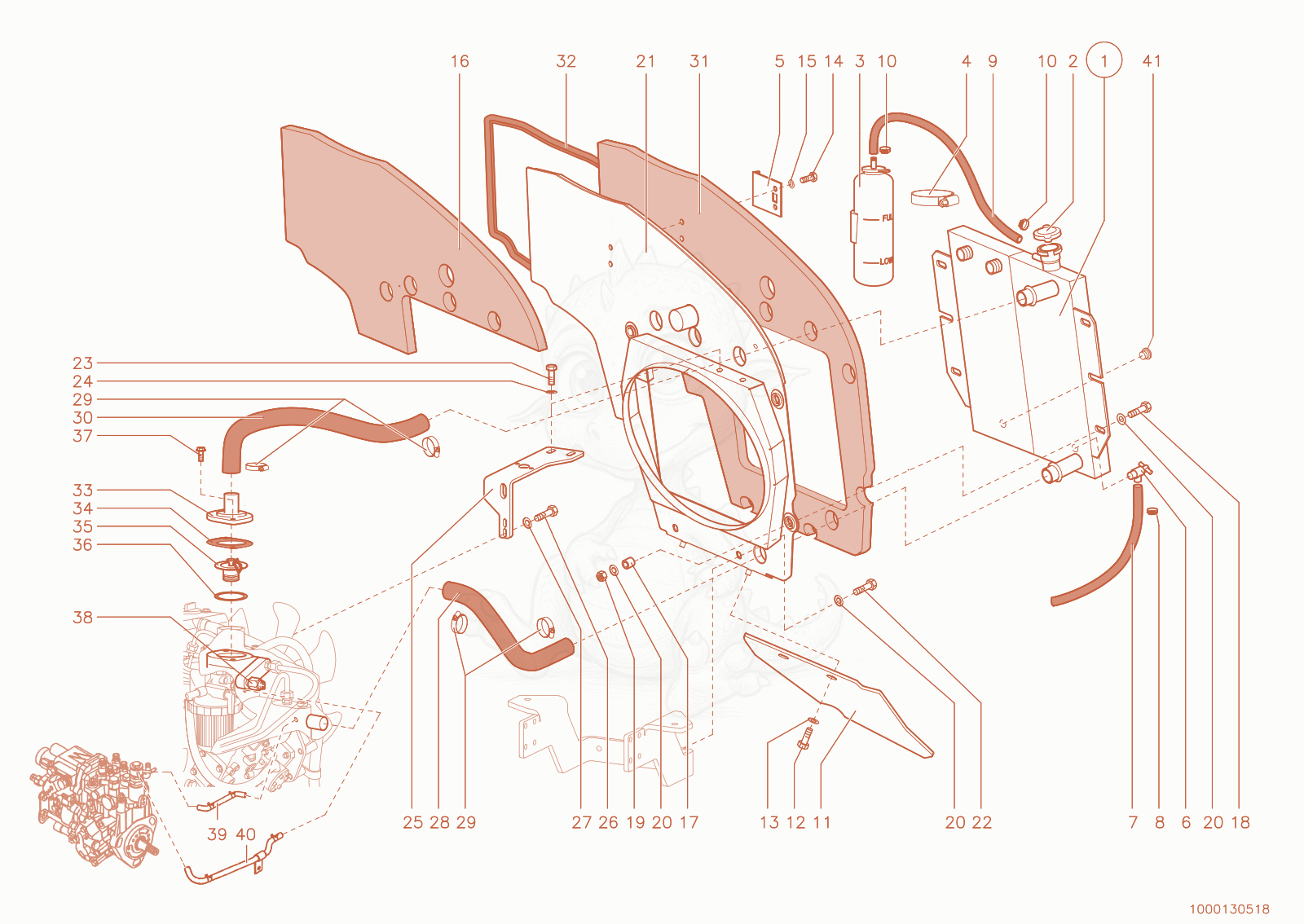 Exploded parts diagram of the cooling of a Wacker Neuson 280, with numbered balloons