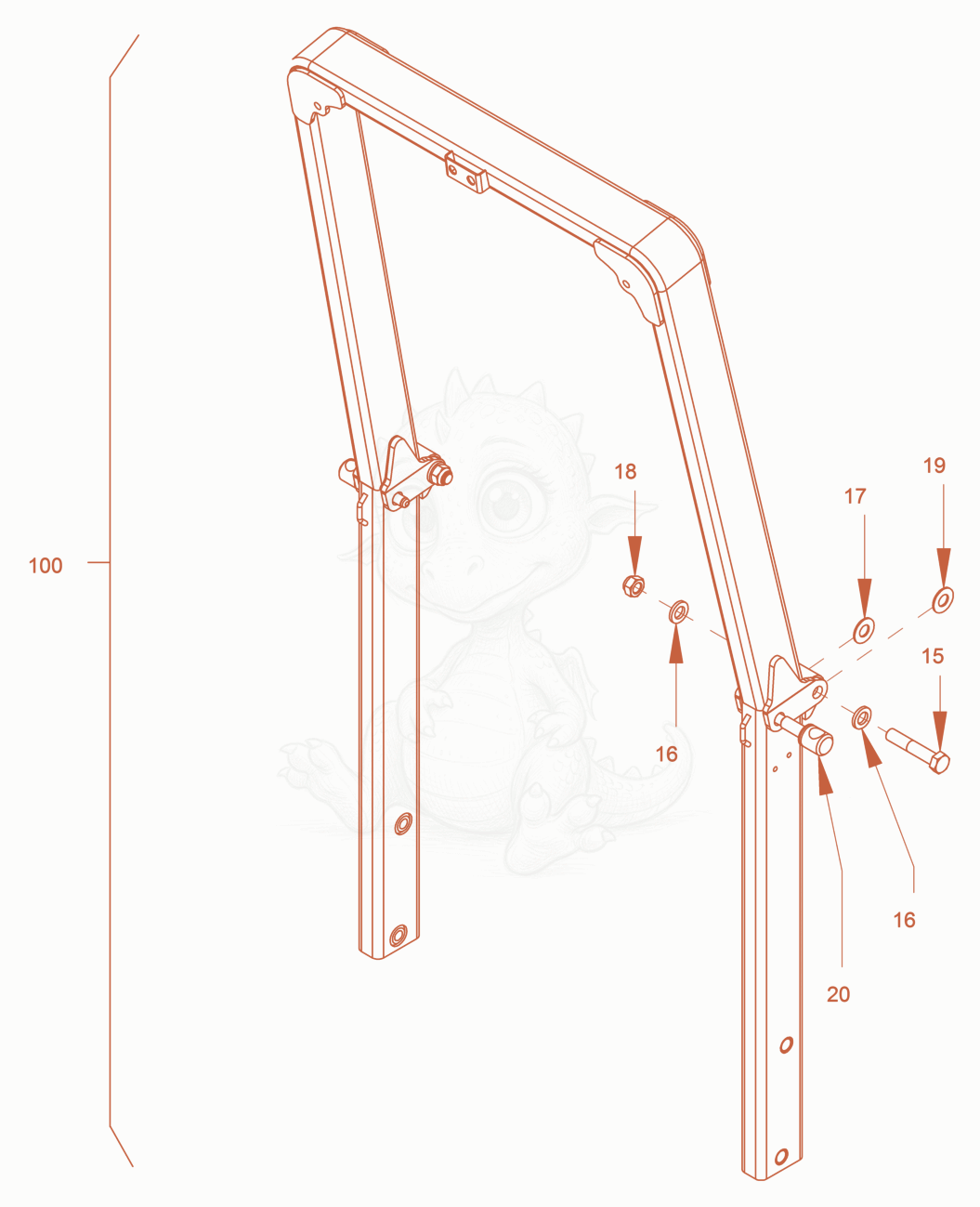 Exploded parts diagram of the foldable roll over protection of a Wacker Neuson RD18-80SE, with numbered balloons