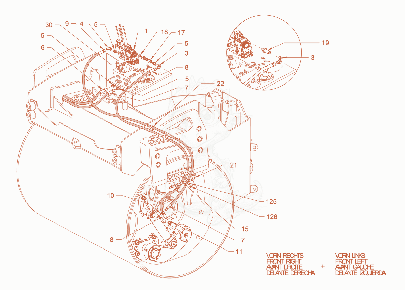 Exploded parts diagram of the hydraulic system (edge pressing and cutting device) of a Wacker Neuson RD40-130C.3, with numbered balloons