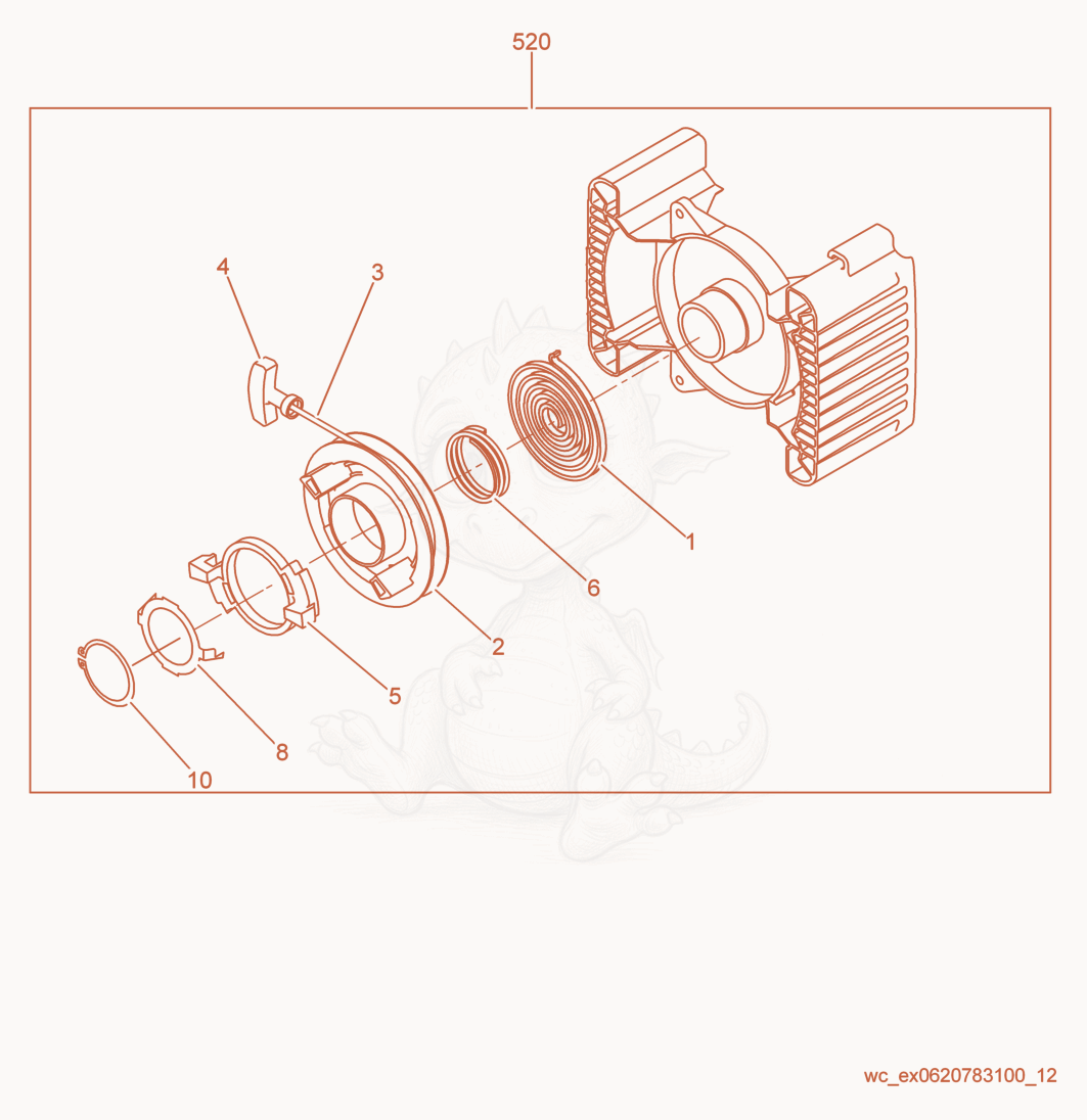 Exploded parts diagram of the Recoil starter of a Wacker Neuson GPSI4300, with numbered balloons