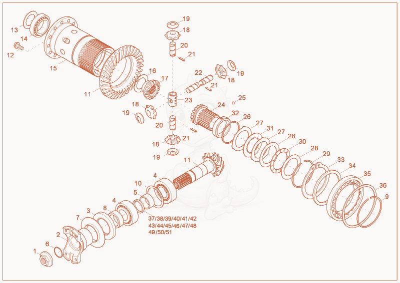 Exploded parts diagram of the differential (front axle) of a Wacker Neuson 3501AB, with numbered balloons