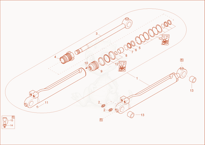 Exploded parts diagram of the dipper arm cylinder of a Wacker Neuson 1703, with numbered balloons