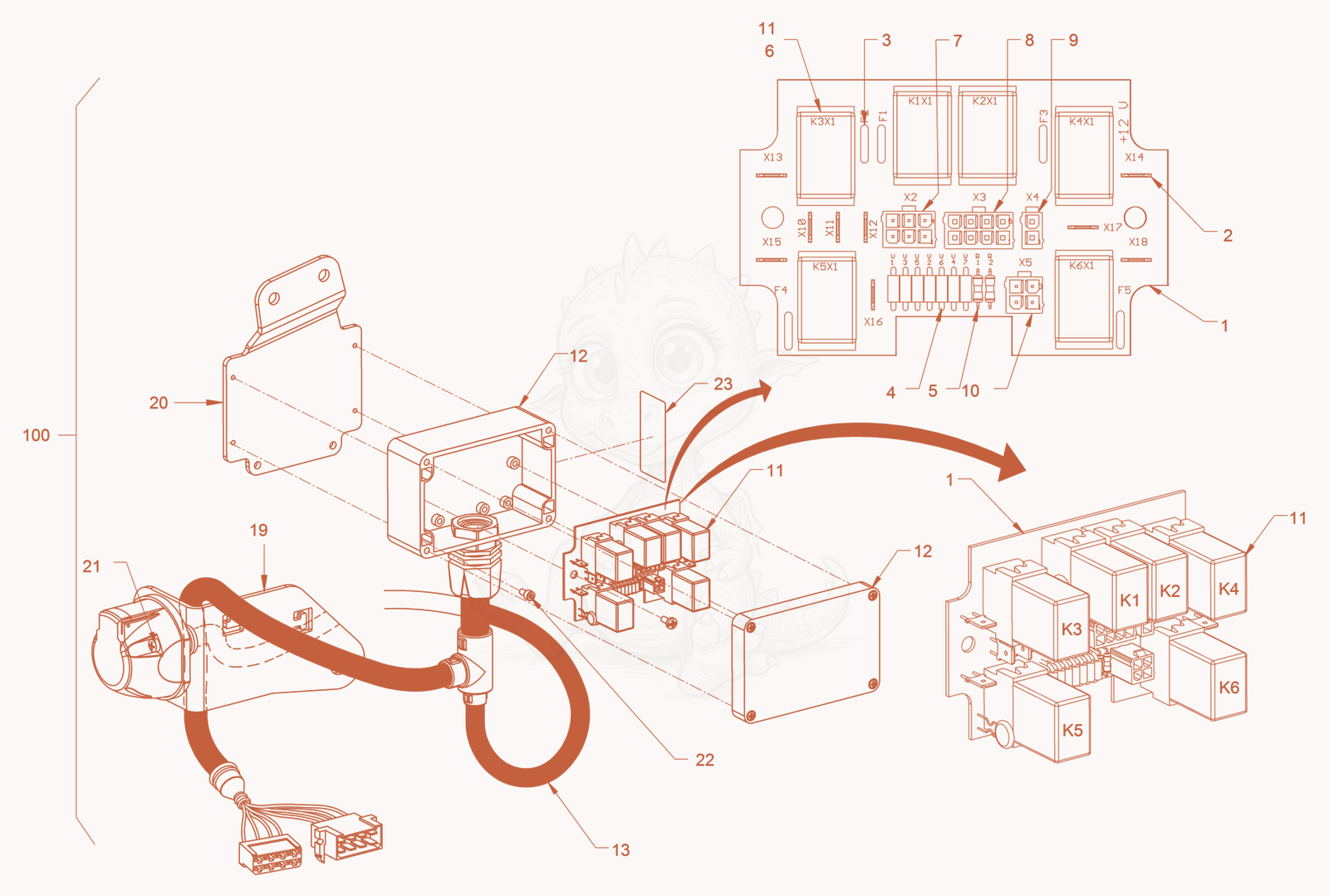Exploded parts diagram of the electrical system (chip spreader) of a Wacker Neuson RD45-140, with numbered balloons