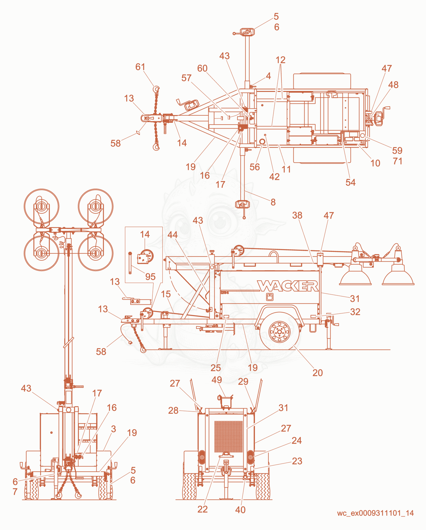 Exploded parts diagram of the Trailer Assembly of a Wacker Neuson LTC4L, with numbered balloons