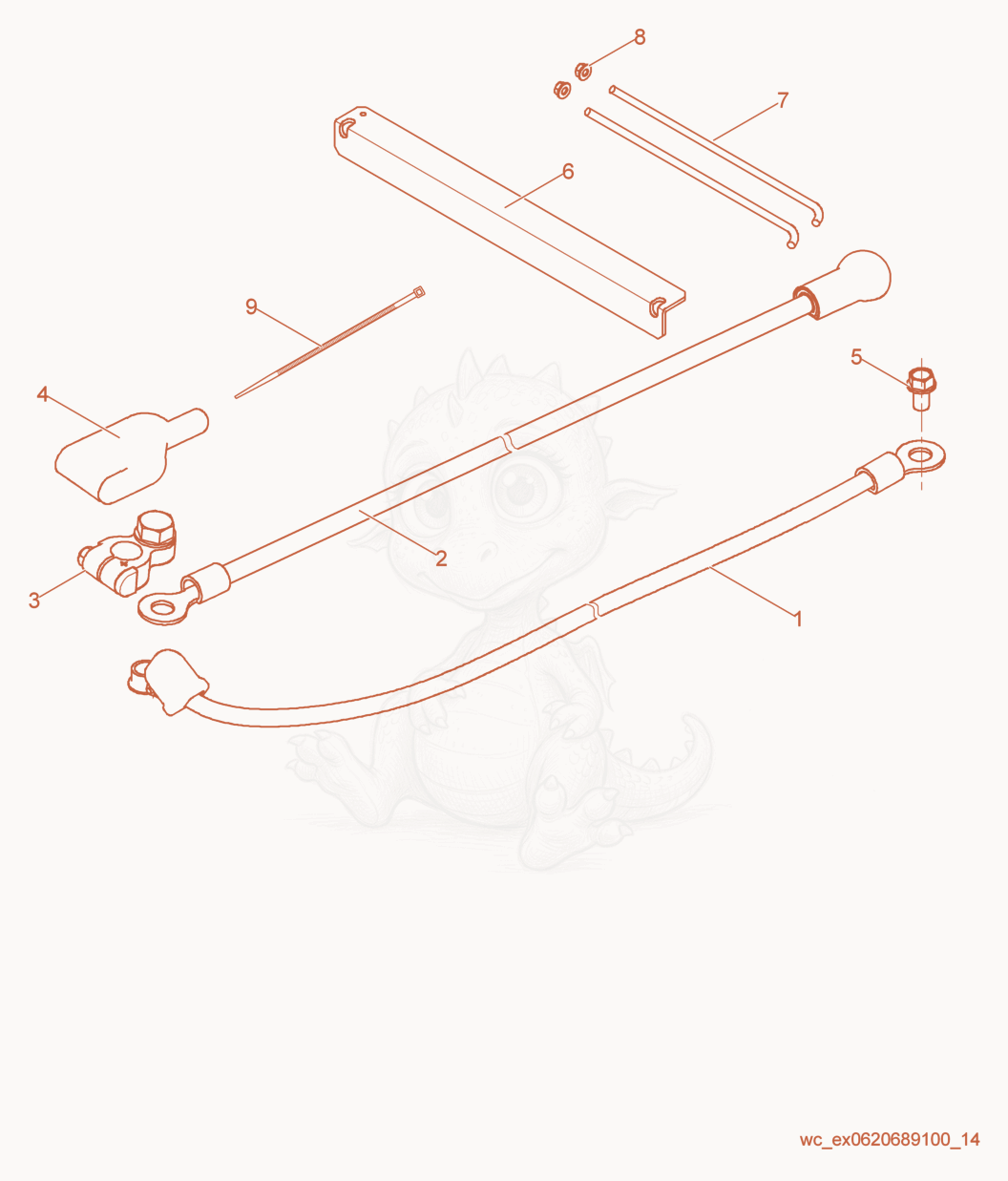 Exploded parts diagram of the Battery Cables of a Wacker Neuson G14, with numbered balloons