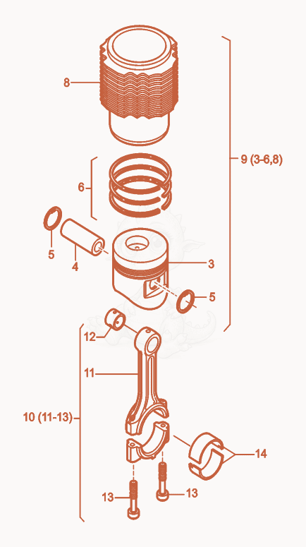 Despiece del Piston/Connecting Rod de una máquina Wacker Neuson RD7H-ESEU, con globos numerados