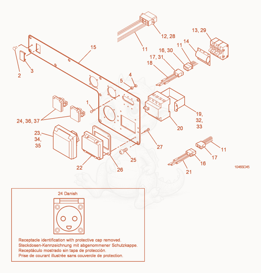 Exploded parts diagram of the Control Panel with Earth Leakage Circuit Breaker of a Wacker Neuson GS5.7AE, with numbered balloons