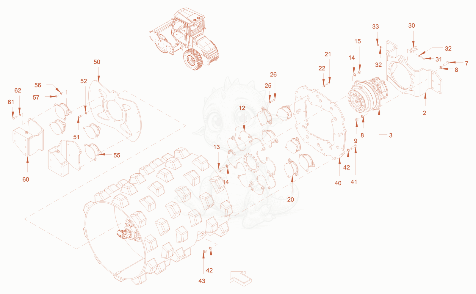 Exploded parts diagram of the mounting of a Wacker Neuson RC50P, with numbered balloons