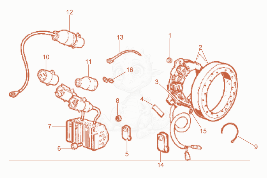 Despiece del Alternator-Governor de una máquina Wacker Neuson DPU100-70, con globos numerados