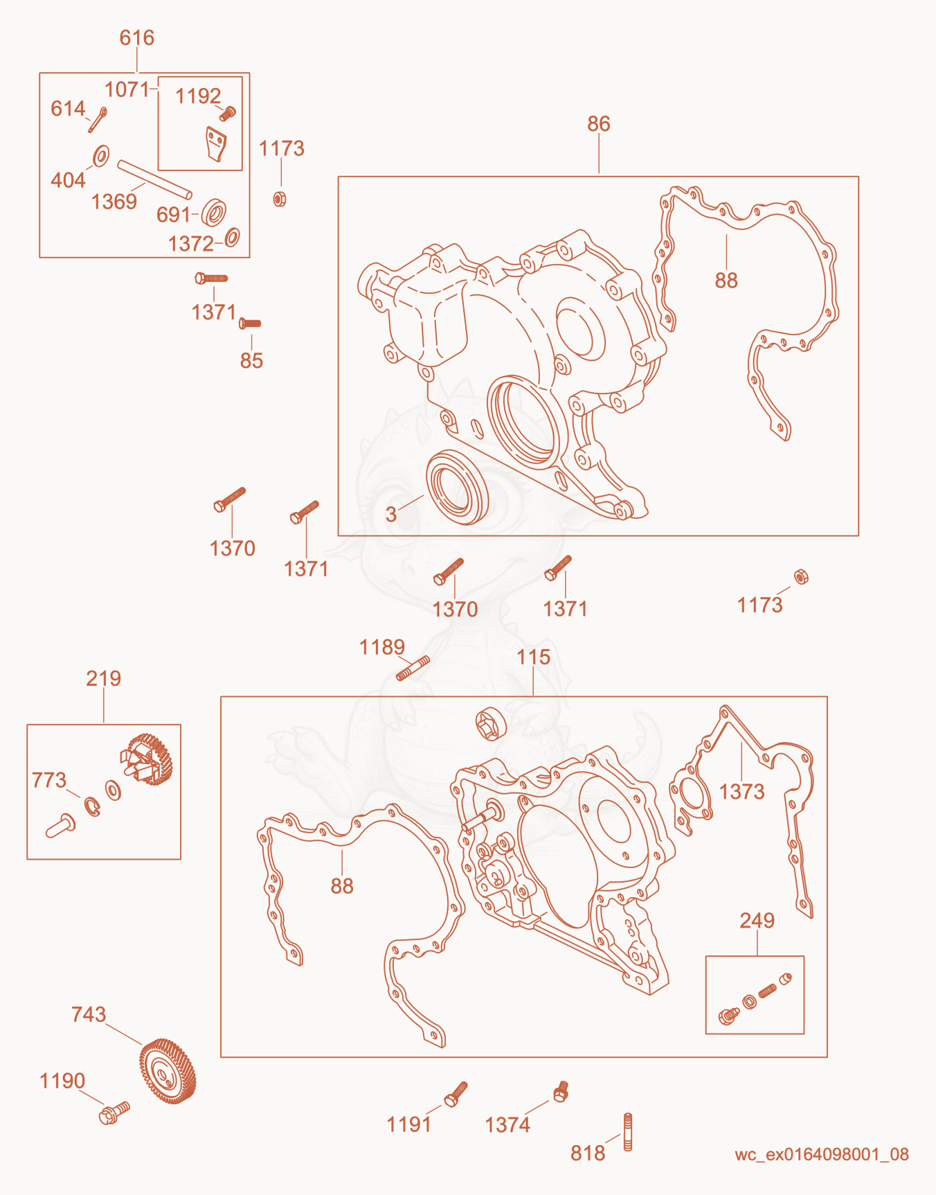 Exploded parts diagram of the Front Cover/Housing of a Wacker Neuson CRT48-34V, with numbered balloons