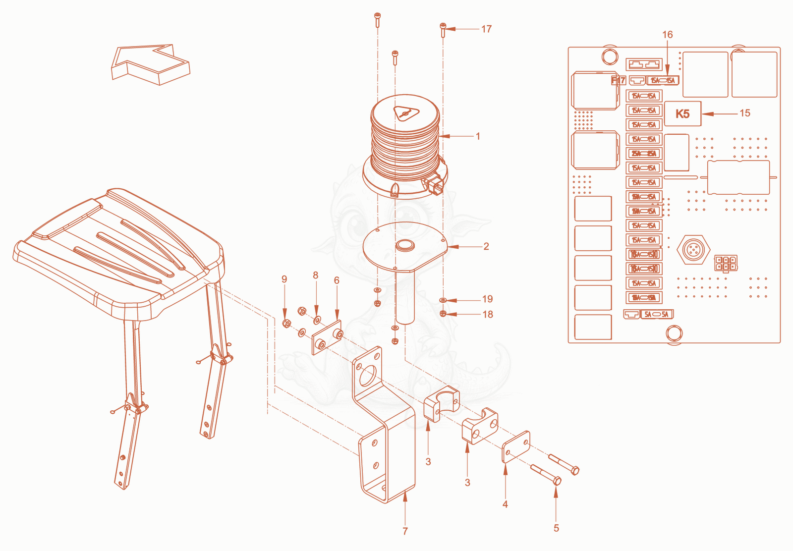 Exploded parts diagram of the rotary beacon of a Wacker Neuson RD28-120CCN, with numbered balloons