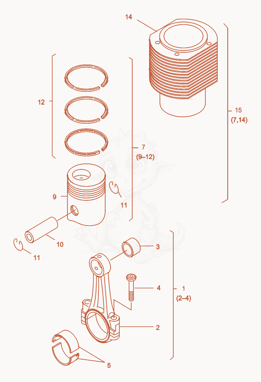 Exploded parts diagram of the Piston/Connecting Rod of a Wacker Neuson RD25, with numbered balloons