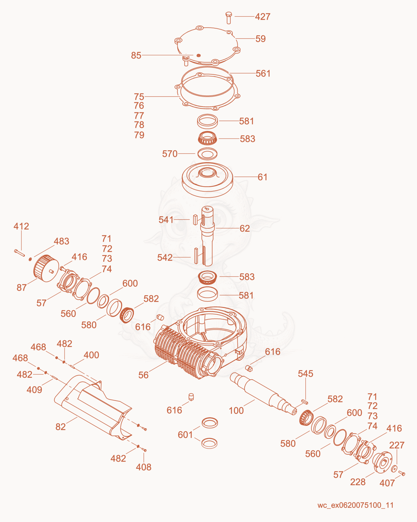 Exploded parts diagram of the Gearbox/Right of a Wacker Neuson CRT48-31V, with numbered balloons