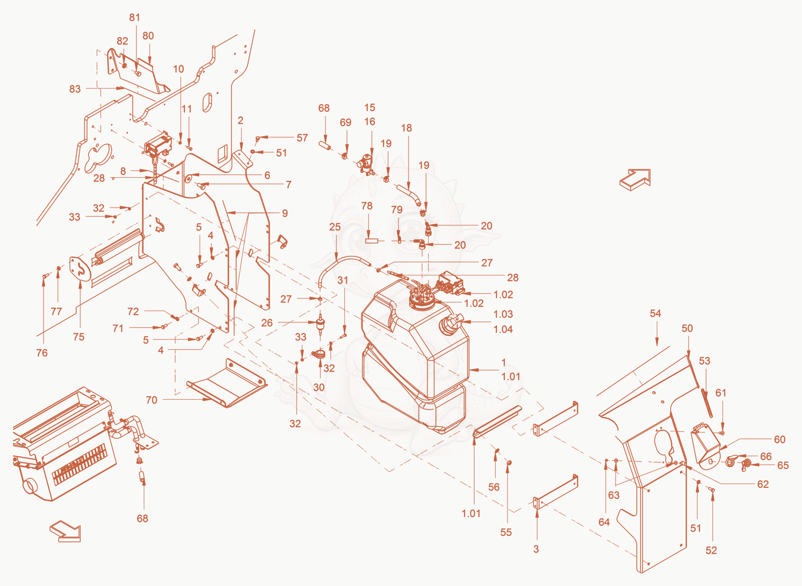 Exploded parts diagram of the exhaust aftertreatment of a Wacker Neuson RC110P, with numbered balloons