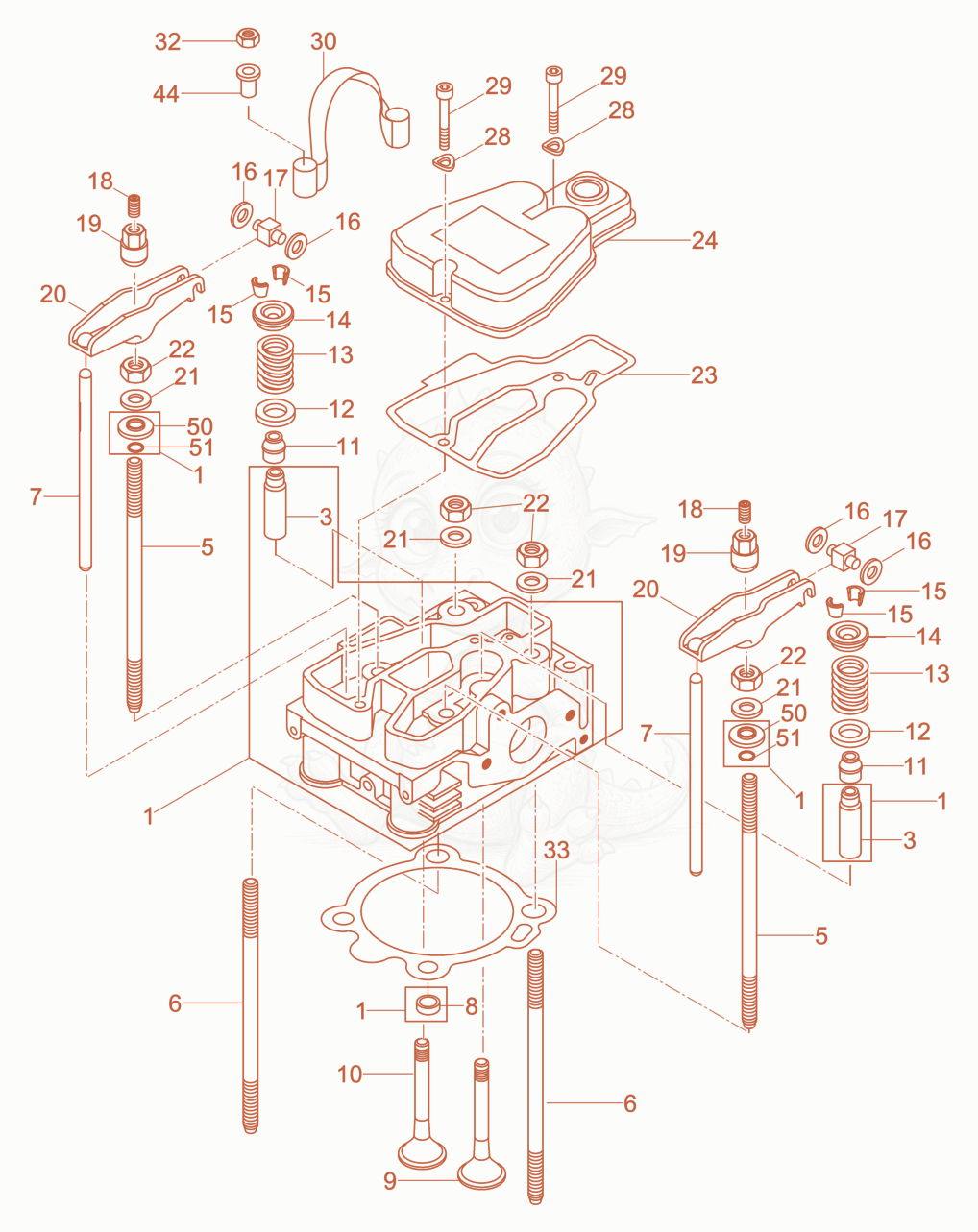 Exploded parts diagram of the Cylinder head of a Wacker Neuson DPU2550H, with numbered balloons