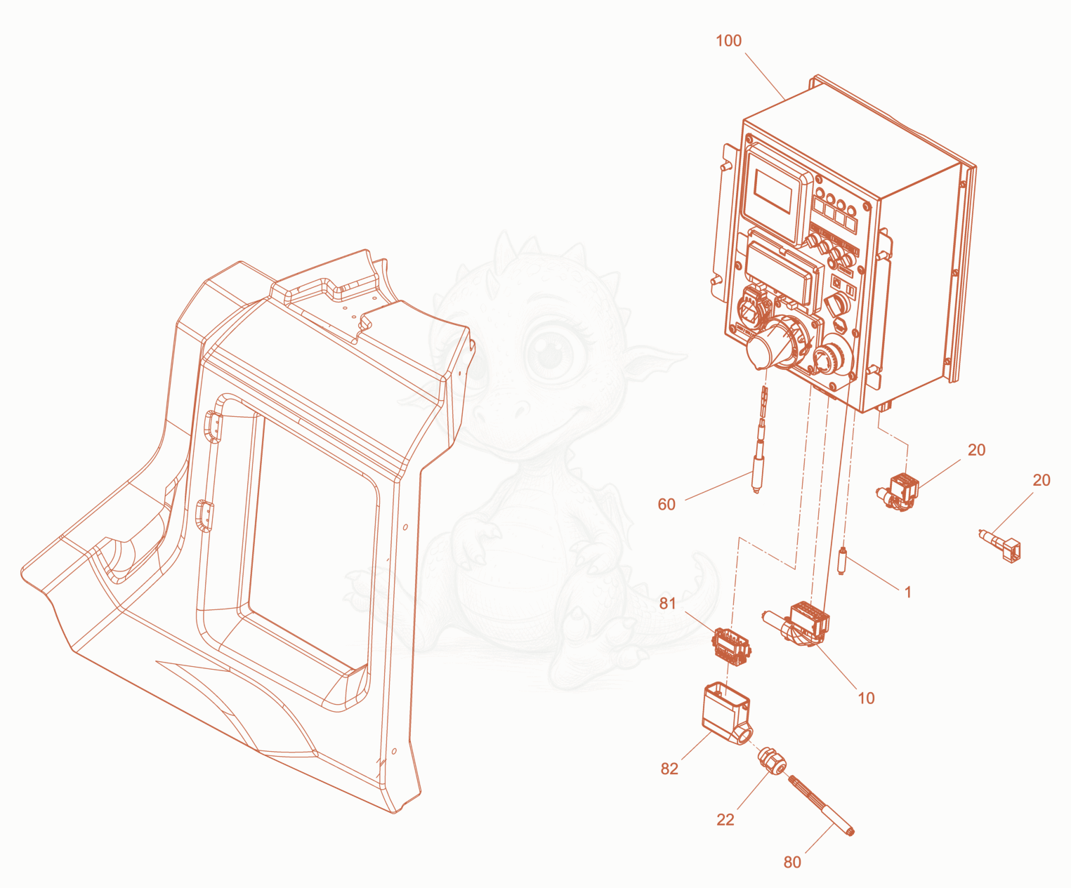 Exploded parts diagram of the cabling , control panel of a Wacker Neuson LTN5YCH, with numbered balloons