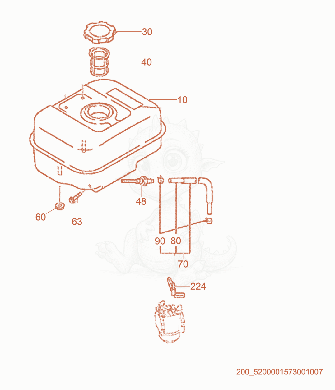 Exploded parts diagram of the Fuel Tank cpl. of a Wacker Neuson PT3, with numbered balloons