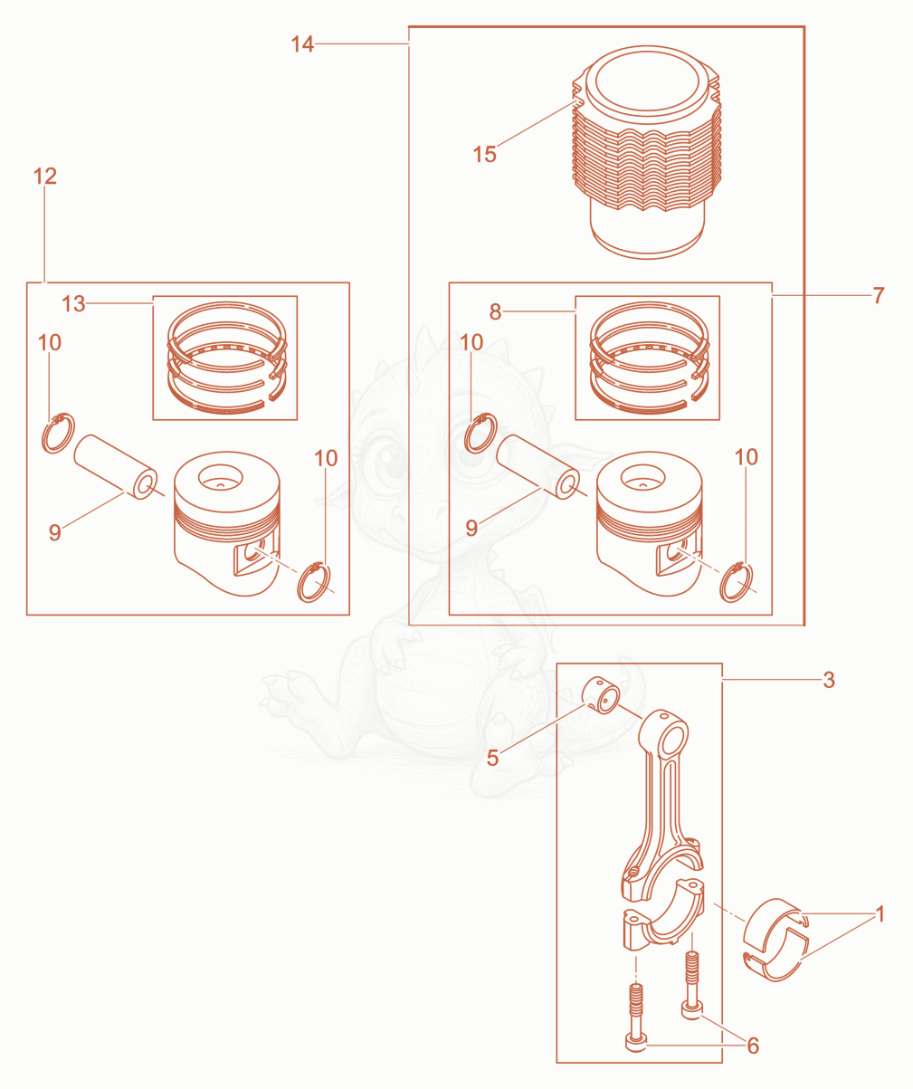 Exploded parts diagram of the Piston, Connecting rod of a Wacker Neuson DPU6555HEHAPN, with numbered balloons
