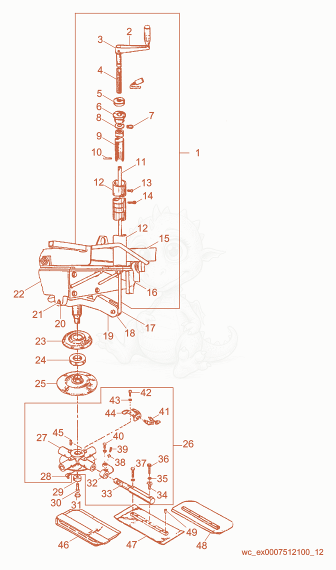 Despiece del Pitch Control/Right de una máquina Wacker Neuson CRT36ASN, con globos numerados