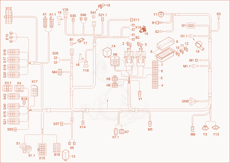 Despiece del wire harness chassis, engine de una máquina Wacker Neuson 28Z3, con globos numerados