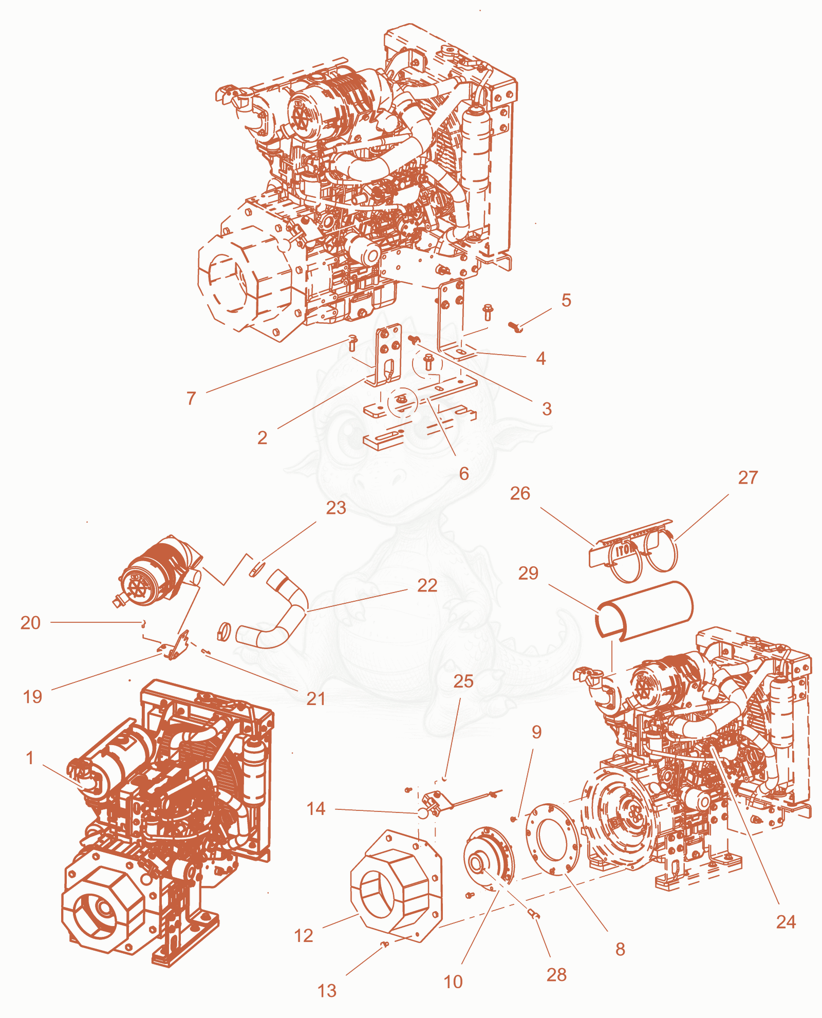 Despiece del Engine de una máquina Wacker Neuson PT6YEPAT4, con globos numerados