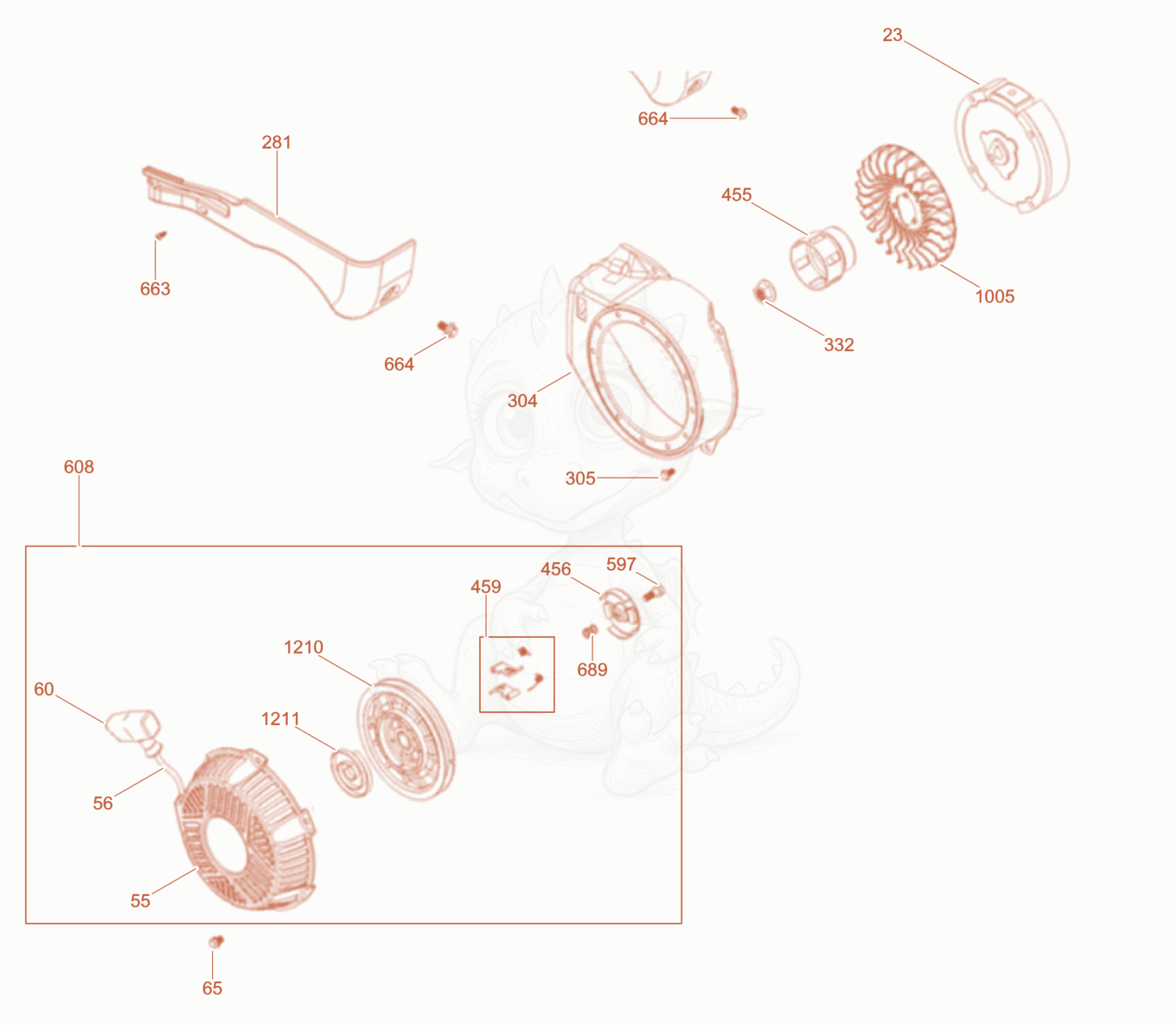 Exploded parts diagram of the Fly wheel - Recoil starter of a Wacker Neuson BPS1030B, with numbered balloons
