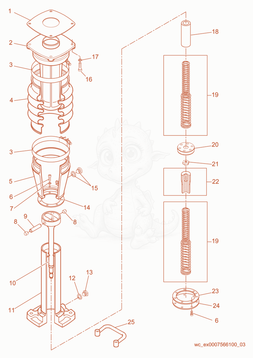 Despiece del Guide Cylinder cpl. de una máquina Wacker Neuson BS65Y, con globos numerados