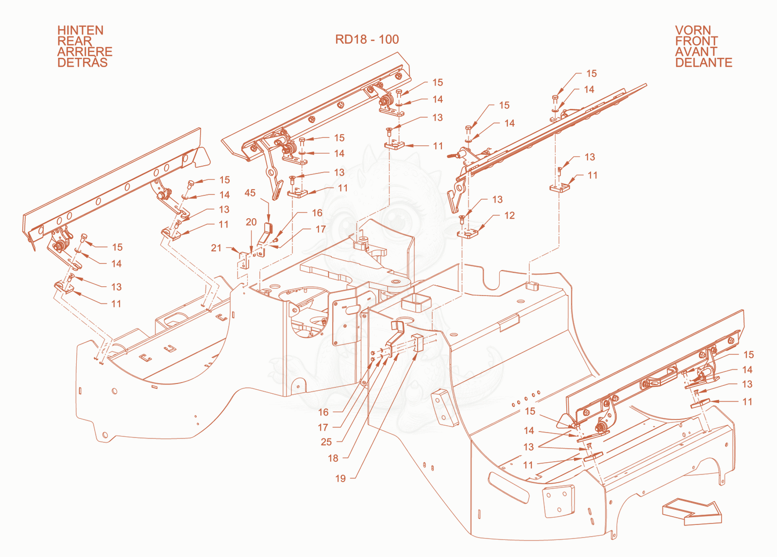 Exploded parts diagram of the scraper (without track offset) of a Wacker Neuson RD18-100SE, with numbered balloons