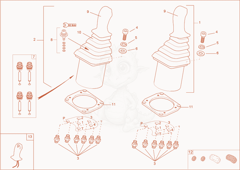 Exploded parts diagram of the joystick of a Wacker Neuson 2203, with numbered balloons