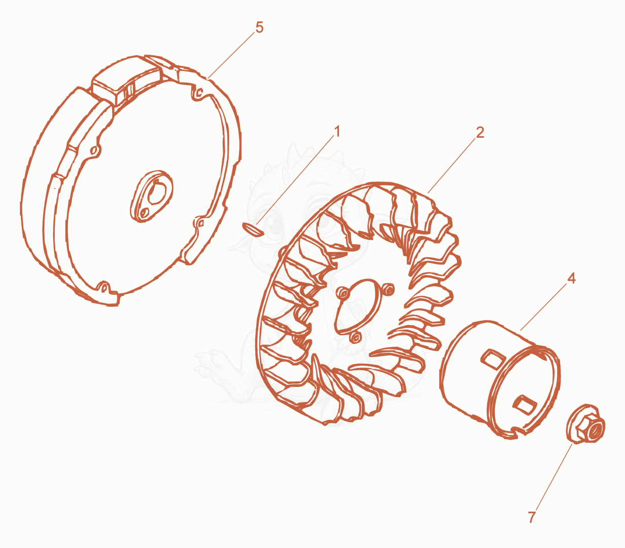 Exploded parts diagram of the Flywheel of a Wacker Neuson PDI3A, with numbered balloons