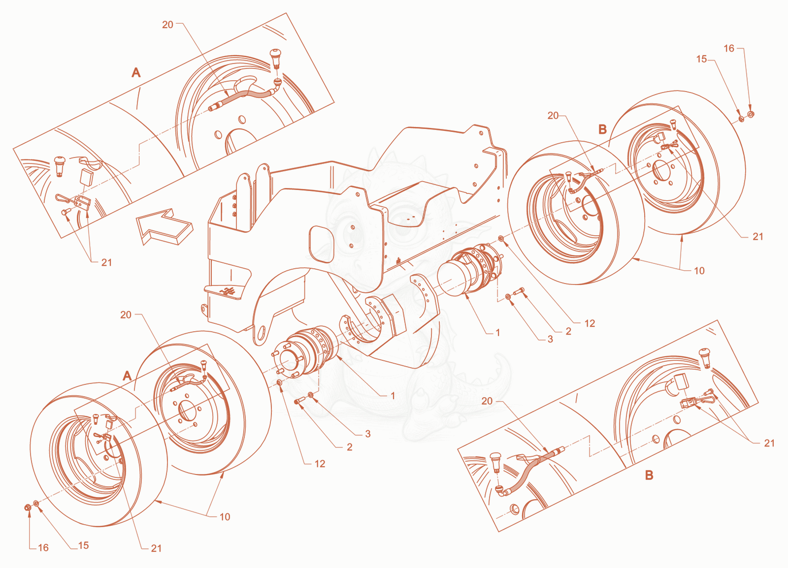 Exploded parts diagram of the wheel suspension of a Wacker Neuson RD18-100C.3, with numbered balloons