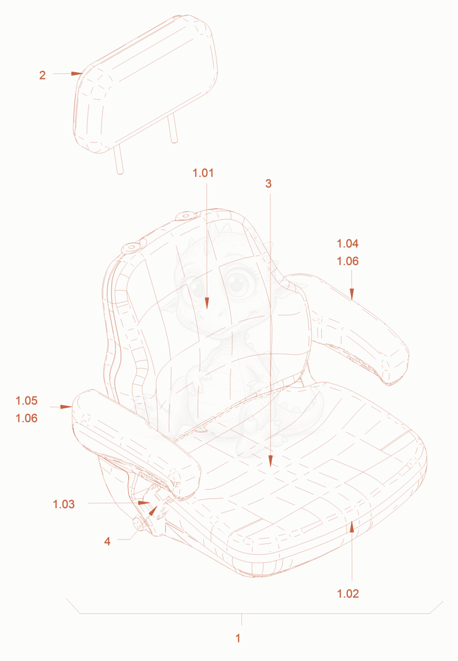 Exploded parts diagram of the operator's seat with adjustmen of a Wacker Neuson RC70P, with numbered balloons