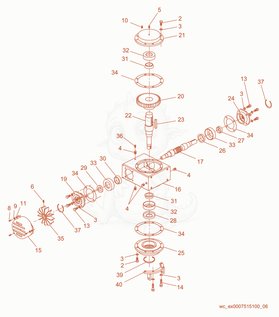 Exploded parts diagram of the Gearbox/Right of a Wacker Neuson CRT46KHO, with numbered balloons