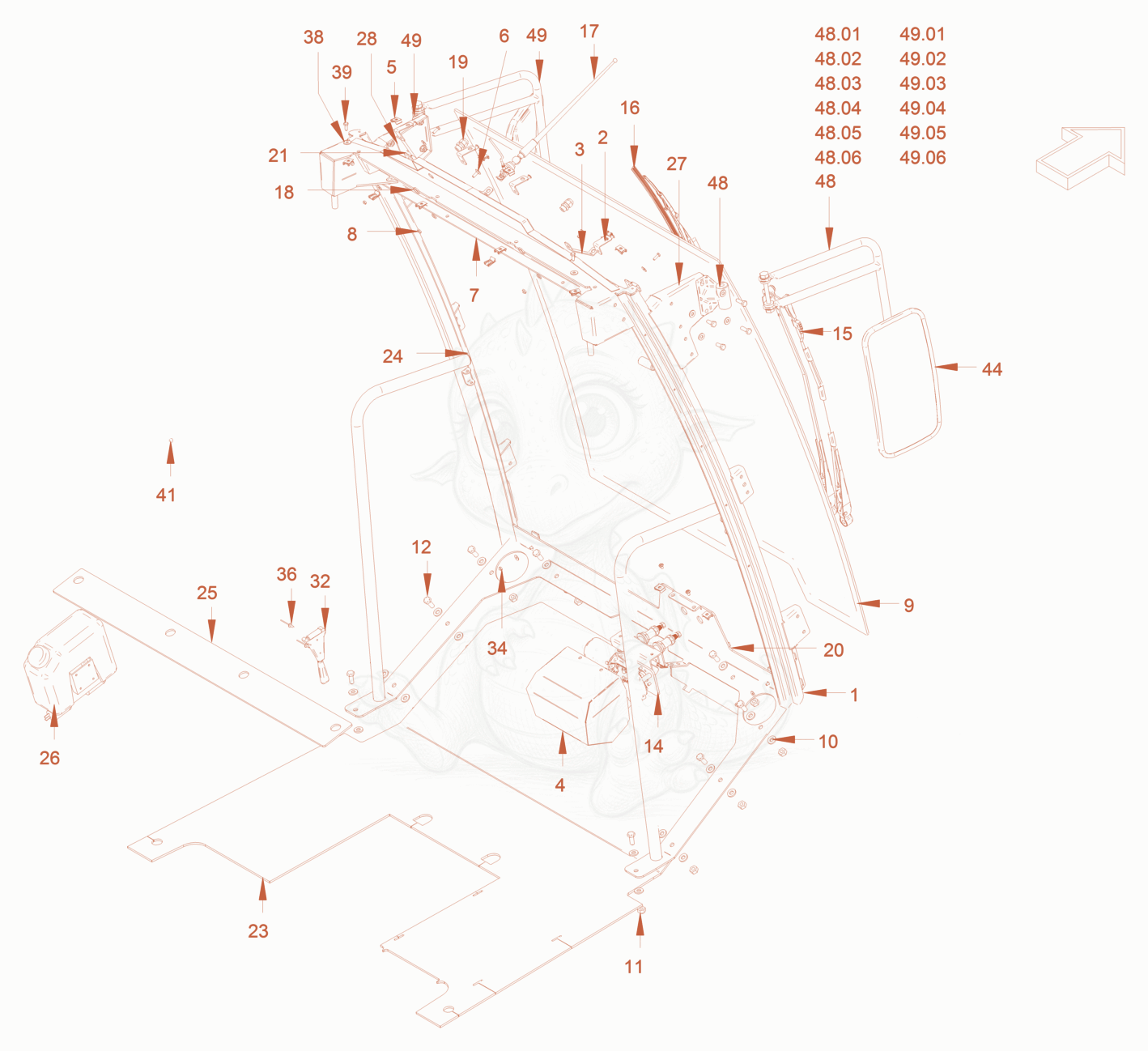 Exploded parts diagram of the driver's cabin of a Wacker Neuson RC50P, with numbered balloons