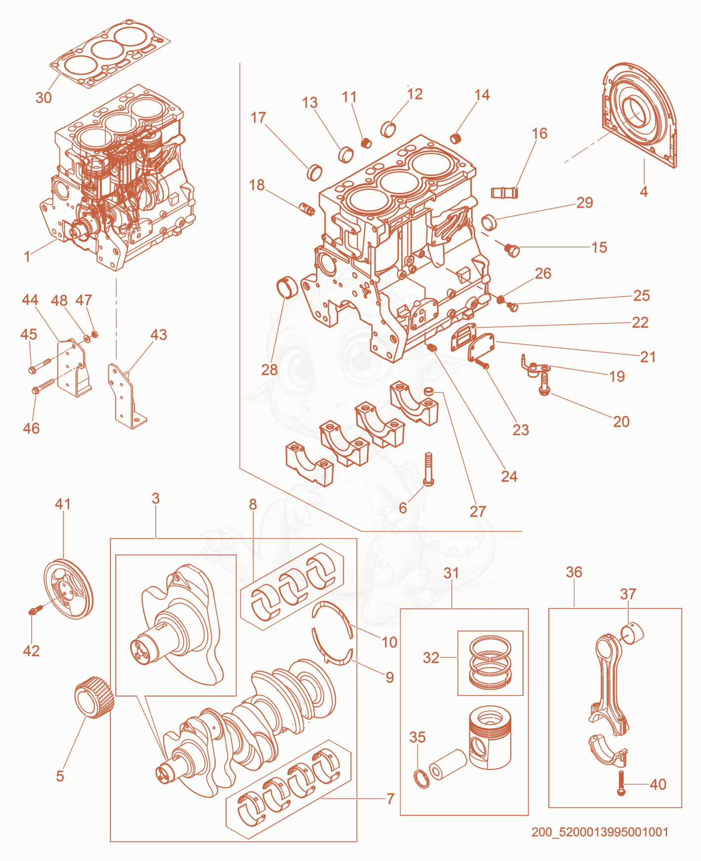 Exploded parts diagram of the Cylinder Block of a Wacker Neuson G40, with numbered balloons